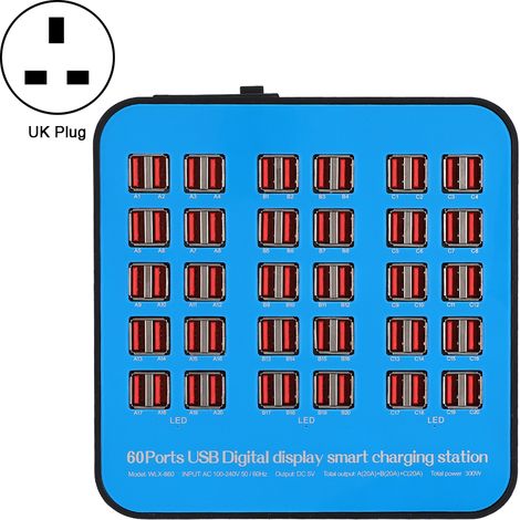 Station de charge USB intelligente 60 ports, coque ignifuge PC ABS, 300W, 100-240V, prise UK (1/5)