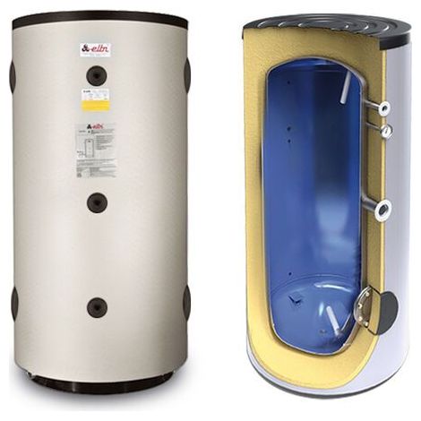 Volano inerziale caldo/freddo per acqua tecnica da 100 litri in acciaio nero. Coibentazione da 50 mm in poliuretano rigido + PVC . Altezza 915 diametro 500 (1/4)