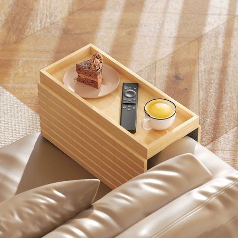 Plateau d'accoudoir pour canapé en bambou – support boissons, snacks & télécommande, pratique et design (1/4)
