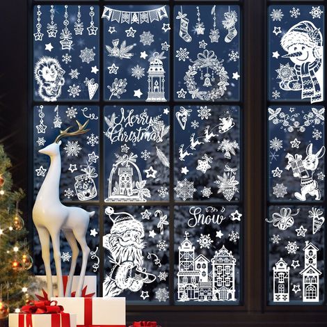 9 autocollants de Noël pour vitrines - Décorations de Noël - Autocollants de Noël réutilisables pour vitrines - Autocollants pour vitrines de magasins - Blanc - PVC (1/5)