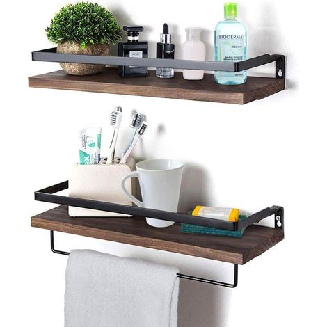 Lot de 2 étagères murales flottantes en bois - Avec porte-serviettes - Étagères de rangement rustiques - Pour le salon, la chambre, le couloir, la salle de bain (marron foncé) (1/5)