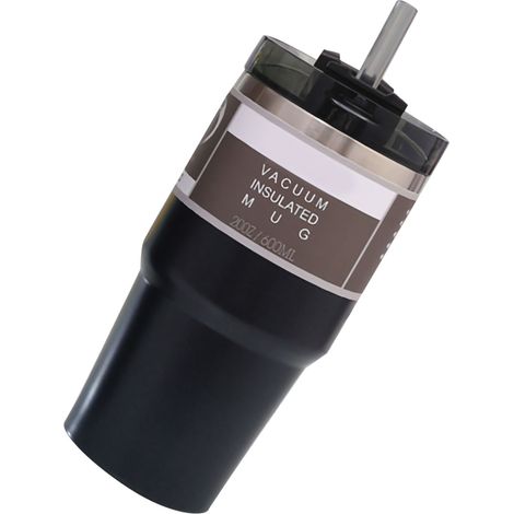 Isolierter Autobecher mit Deckel und Strohhalm, aus schwarzem Edelstahl, 600 ml, ideal für Zuhause und unterwegs. (1/5)