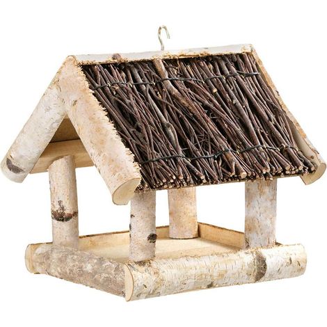 Hängender Vogelfutterspender aus Holz mit Reisigdach für den Garten (1/2)