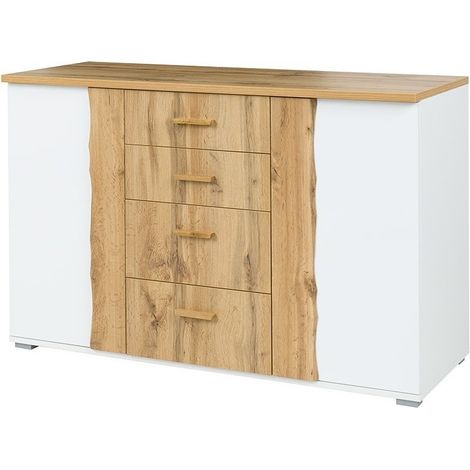 Cómoda WOOD 4 cajones y 2 puertas color roble y blanco