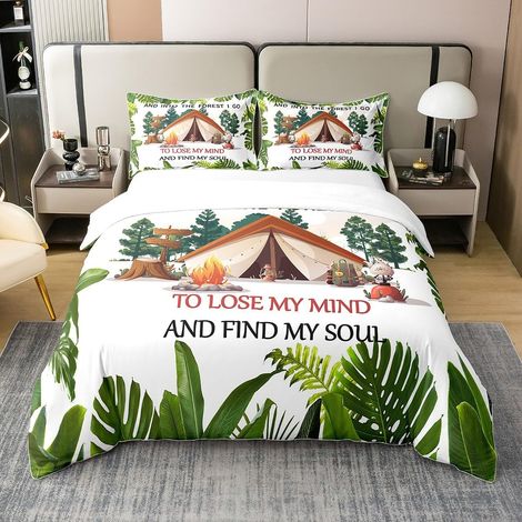 Happy Camping Literie Set Camping 100% Coton Housse de Couette 200x200cm Tente de Camping décorative Parure de Lit Feuilles de Plantes Ensemble de lit Chambre Ensemble de Literie - 200 x 200 cm + 2 ta (1/5)