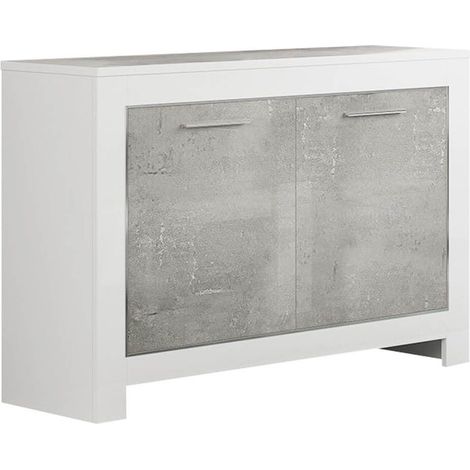 DENAE - Buffet 2 Portes L112cm Laqué Blanc Brillant et Gris Marbré (1/3)