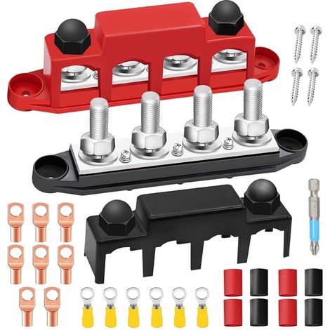 Lot de 2 rails de collecteur 12 V - 48 V CC - Bloc de distribution 250 A BusBar M8 - Avec 4 boulons de serrage M8 - Avec couvercle - Pour voiture, camping-car, bateau, yacht (1/5)