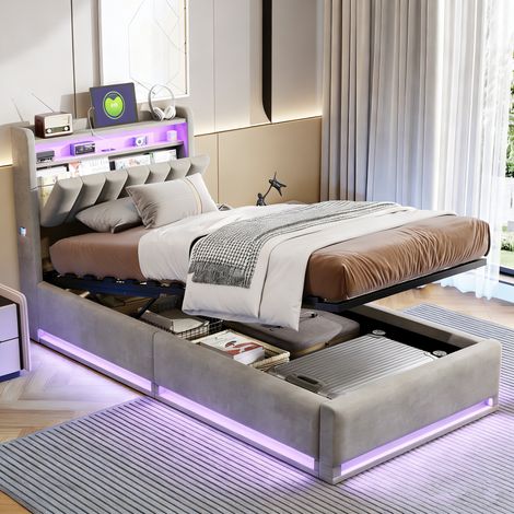 Lit Coffre 90x200CM,Lit Simple Adulte avec LED et USB/Type-C,Tête de Lit Capitonné avec Rangement,Cadre de Lit avec Sommier,Design Lit Flottant,Lin Gris (1/5)