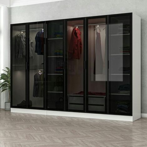Dressing design 6 portes verre, cadre blanc, 2 tiroirs BYRON