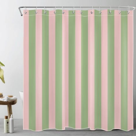 Rideau de douche à rayures vertes et roses - 240 x 200 cm (l x h) - Géométrie abstraite - Anti-moisissure - Imperméable - Extra large - En polyester - Avec crochets (1/5)
