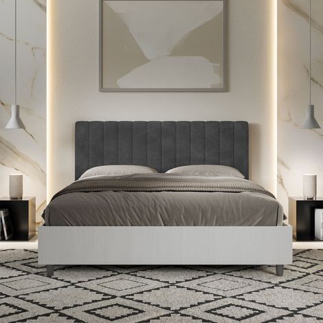 Letto contenitore da 160x190 in legno bianco e testata in microfibra grigio Kaia (1/5)
