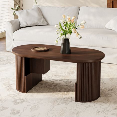 Tavolino ovale noce 105x50x46,5 cm con vano portaoggetti, scomparti integrati e ripiani aperti (1/5)