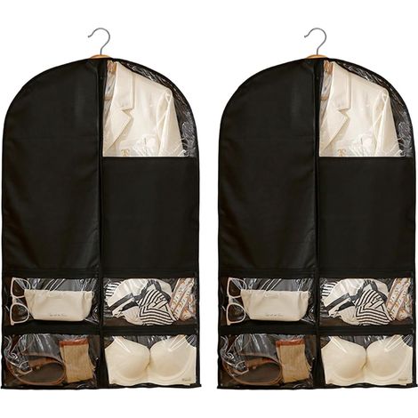 Bolsas colgantes para ropa, 2 unidades, 60 x 100 cm, resistentes al polvo y a la humedad, para hombre y mujer, con cremallera y bolsillos, aptas para vestidos y abrigos (negro)