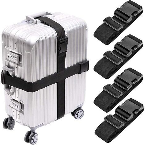 Juego de cuatro correas para equipaje con etiquetas, correas de viaje ajustables de seguridad adicional, color negro. (1/5)