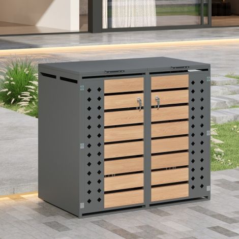 Cache-poubelle double 2x240L - couvercle hydraulique - design perforé - acier galvanisé - gris anthracite