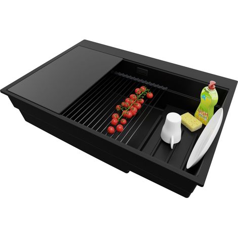 PRIMAGRAN Evier Cuisine en Granit 78x53cm,Lavabo 1 bac + Kit de Vidage + Accessoires, Évier à Encastrer au meuble 80cm - Oslo Max, Tout Noir (1/5)