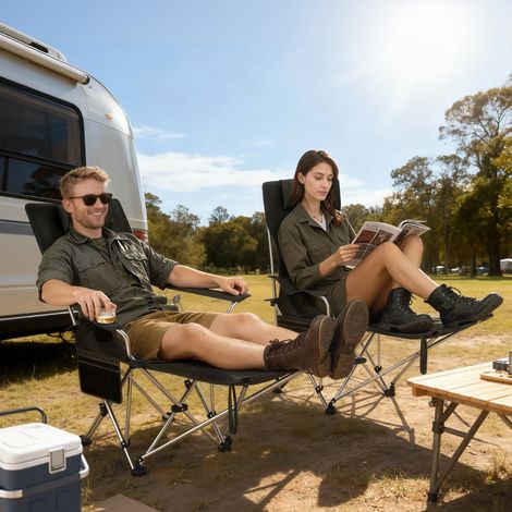 Lot de 2 chaises pliantes de camping/pêche avec repose-pieds amovible et porte-gobelet. charge maximale 120 kg. noires (1/5)