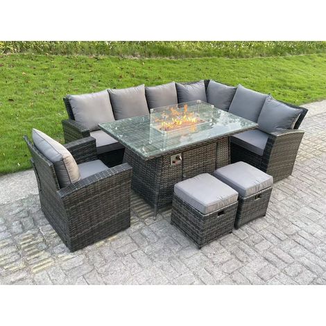 Fimous High Back Rattan Garden Furniture Sets Gas Fire Pit Dining Table Gas Heater Set Right Corner Sofa Small Footstools Chair 9 Seater (1/4)
