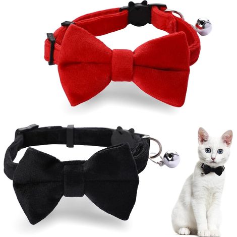 Lot de 2 colliers pour chat en velours avec nœud papillon et clochette, réglables pour petits animaux. (1/4)
