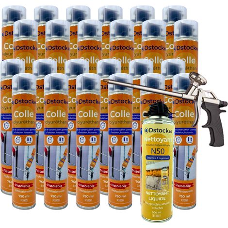 DSTOCK60 - Lot de 24 colles de montage polyuréthane + 1 pistolet + 1 nettoyant mousse - Mousse polyuréthane faiblement expansive pour le collage des panneaux isolants, rouleaux de bitume, huisseries…