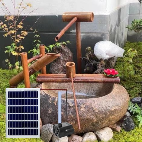 Fontaine à Eau Solaire en Bambou Zen Garden, avec Pompe et Radeaux, Petite Fontaine Extérieure en Bois pour Jardin