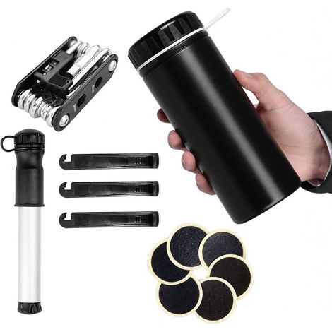 Kit de reparación de bicicletas con minibomba, kit multiherramienta 14 en 1 y estuche de almacenamiento de herramientas para bicicletas de 750 ml.