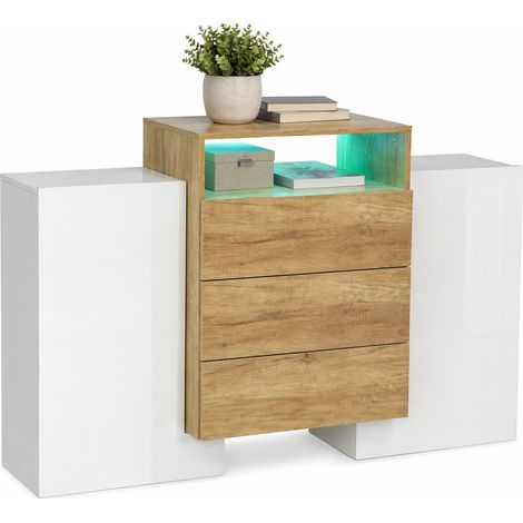 Buffet moderne 140 cm blanc brillant et bois avec LED multicolore, 2 portes, 3 tiroirs, 2 étagères et rangement décoratif pour salon - CHICFURN (1/5)