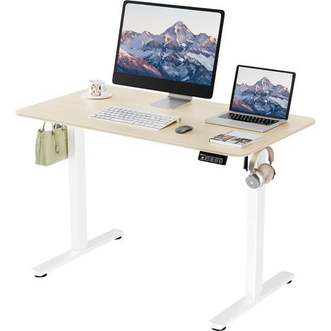 Elektrischer Schreibtisch höhenverstellbar 110x60cm Weiß/Eiche mit Haken (1/5)