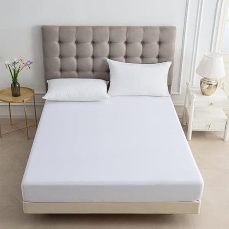 Draps-housse simple blanc, 90x190cm, poches profondes 35 cm, microfibre brossée douce, respirant, anti-rétrécissement et anti-décoloration, entretien facile.