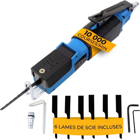 Scie à métaux pneumatique – 8.500 coups/min – Coupe précise acier, aluminium, plastique – Support d'arrêt réglable – 6 lames incluses