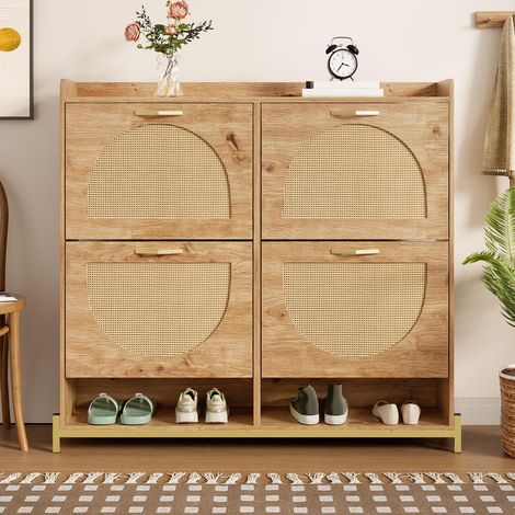 Schuhschrank 108,5 x 24 x 100 cm mit 4 Türen in Rattan-Geflecht und Metallgestell - Boho-Chic-Stil - Natur