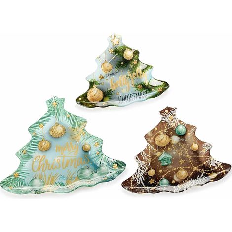 Set 6 Piatti Natalizi a Forma di Albero di Natale in Vetro Decorato Idea Regalo Natale