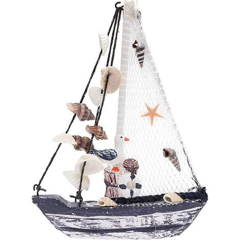 Voilier Modèle Décoration Bois Miniature Bateau Voile Mini Nautique Bateaux avec Filet pêche (1/5)