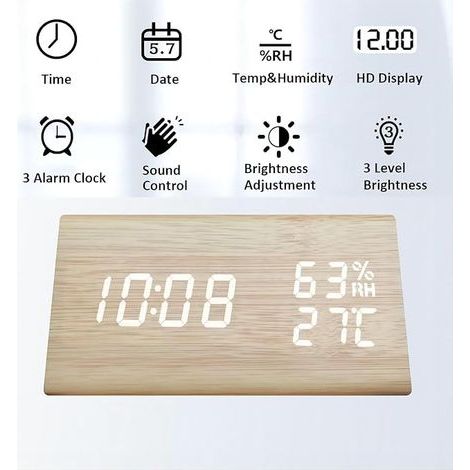 Digitaler Wecker, Holzdesign, elektronische LED-Anzeige, Zeit- und Datumsanzeige, Temperatur- und Feuchtigkeitserkennung, 3 Alarmeinstellungen, 3 Helligkeitsstufen, geeignet für Zuhause, Schlafzimmer,