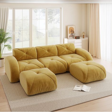 Divano modulare a U 281x171x76 cm in ciniglia gialla con 2 pouf, senza montaggio (1/5)