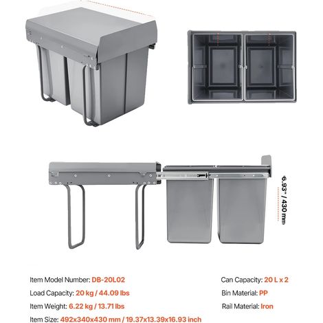 Poubelle escamotable, design dissimulé, système de glissement durable, 20 20L (1/2)