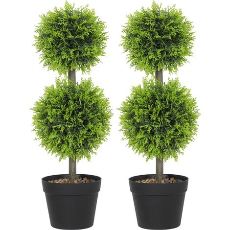 Lot de 2 plantes artificielles décoratives, boules de buis artificiel 60 cm avec pot, plastique, vert