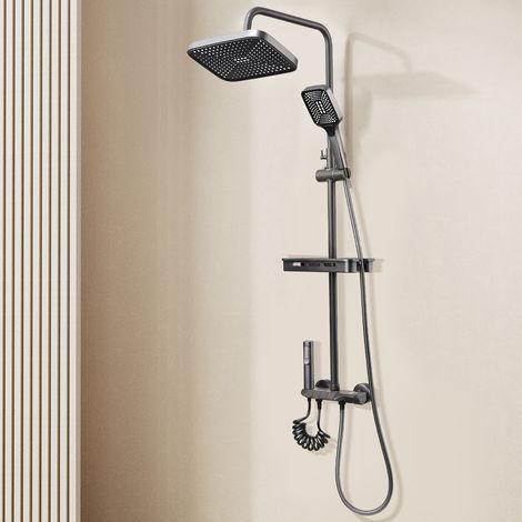 Ensemble de robinet de douche, pommeau de douche à effet pluie laiton 13cm avec douchette à main robinet de douche à effet pluie de luxe mitigeur chaud et froid de salle de bain, Gris