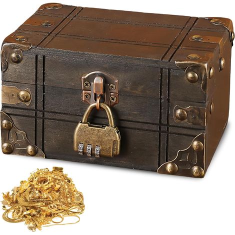 COFFRET TRÉSOR Verrouillable: 16 x 11 x 9 cm Boîte à Trésor Miniature, Coffret en Bois avec Couvercle, Boîte de Rangement Sécurisée à Code Secret pour Bijoux et Décoration (1/5)