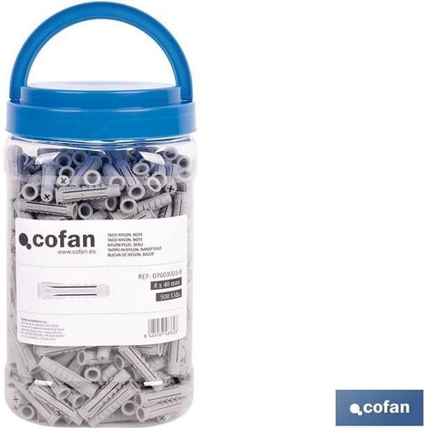 Taco nylon M-8x40 para fijación firme, bote de 500 uds, ideal para múltiples materiales. (1/4)