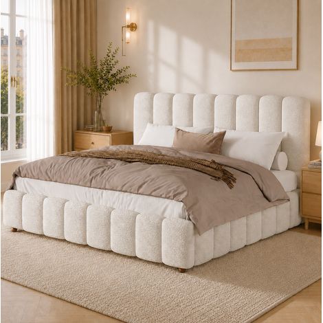 Letto matrimoniale 180x200 cm bouclé bianco con rete a doghe e testiera - CHICFURN (1/5)