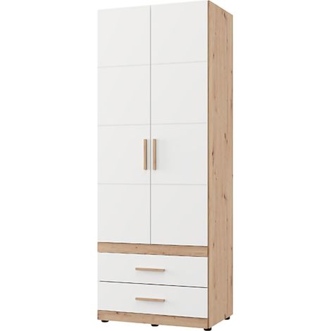 Guardaroba 2 Ante Tilcara, Armadio Camera da Letto Appendiabiti, 2 Cassetti, un Ripiano, 79x208h cm Bianco Opaco