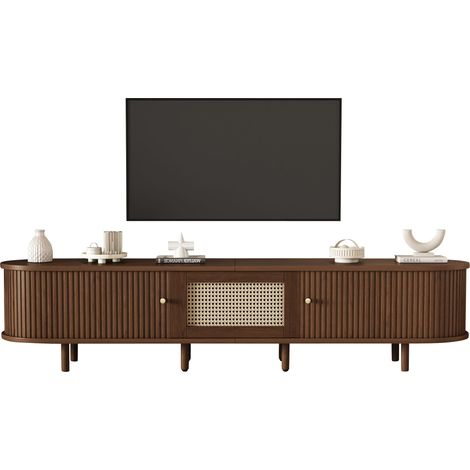 Meuble TV ovale finition noyer foncé style rotin – 180 cm, structure MDF, pieds réglables, capacité de charge 30 kg (1/5)