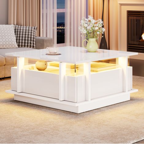 Tavolino quadrato 70x70x35 cm bianco lucido, in truciolare, con 2 cassetti, LED USB e divisori in acrilico (1/5)