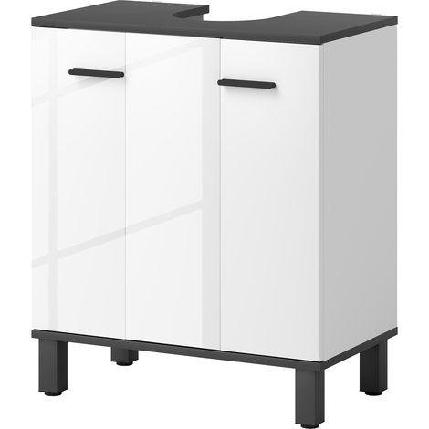 Meuble sous-évier à 2 portes et étagère réglable pour évier avec ou sans colonne, 60 x 34 x 70 cm, blanc brillant (1/5)