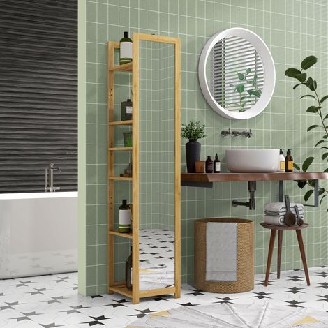 Meuble colonne de salle de bain à 6 niveaux en bambou avec miroir, 6 étagères, naturel, 35L x 35l x 168H cm