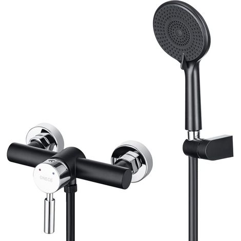 ONECE Grifo de Ducha Negro de Latón de Pared, Mezclador de Ducha con Ducha de Mano de 3 Modos Φ12cm, Conjunto de Ducha de Temperatura Ajustable, Set de Grifo de Ducha con Soporte y Manguera (1/5)