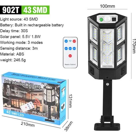 (43 SMD) Applique murale solaire LED avec détecteur de présence, télécommande intelligente intégrée, idéale pour l'extérieur, les cours, les jardins et les rues. (1/5)