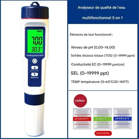Ph-mètre électronique 5 en 1 – Mesure pH, TDS, EC, salinité et température – Écran LCD rétro-éclairé – Précision 0,01 idéal pour aquariums et spas