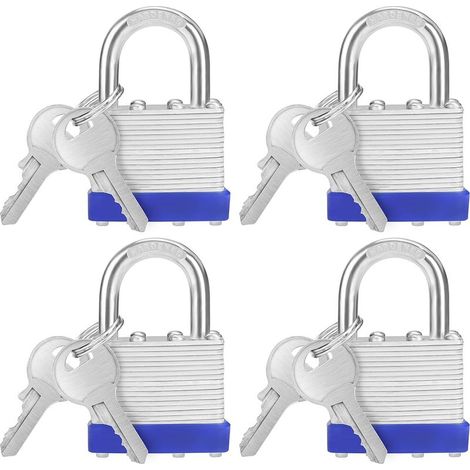 Candado de acero laminado de alta resistencia con 2 llaves (juego de 4) - Grillete de 6 mm - 6,4 x 4,2 x 2,4 cm - Candado resistente a la intemperie para interiores y exteriores, ideal para garajes y (1/5)